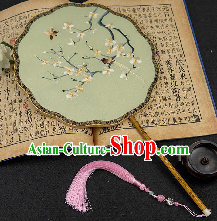 China Classical Hanfu Light Green Silk Fan Handmade Palace Fan Traditional Embroidered Plum Blossom Fan