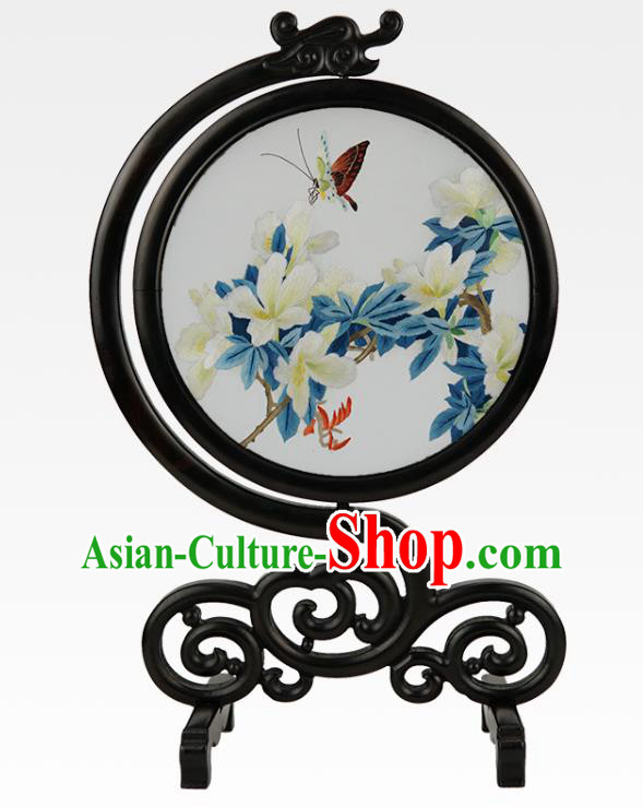 China Embroidered Butterfly Mangnolia Desk Screen Handmade Sandalwood Table Ornament Suzhou Embroidery Silk Craft