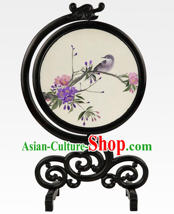 China Suzhou Embroidery Silk Craft Embroidered Plum Bird Desk Screen Handmade Sandalwood Table Ornament