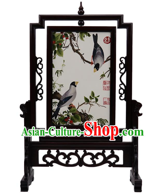 Handmade China Suzhou Embroidery Craft Embroidered Double Side Desk Screen Rosewood Table Ornament