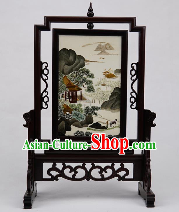 China Suzhou Double Side Embroidery Craft Embroidered Landscape Desk Screen Handmade Rosewood Table Ornament