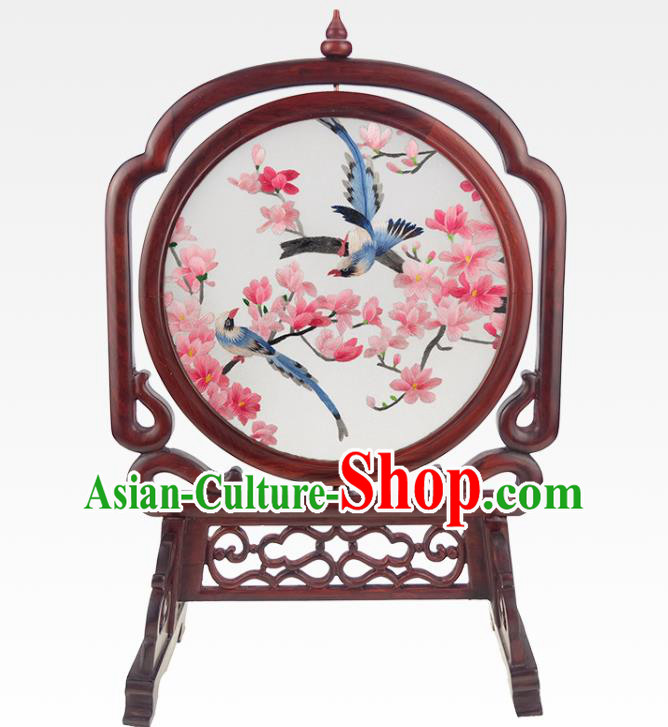 China Traditional Embroidered Peach Blossom Desk Screen Rosewood Craft Handmade Table Ornament