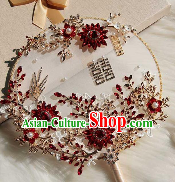 China Traditional Red Crystal Fan Classical Wedding Lace Flowers Circular Fan Handmade Palace Fan
