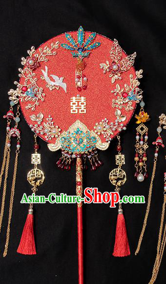 China Traditional Blueing Phoenix Red Fan Handmade Palace Fan Classical Wedding Circular Fan