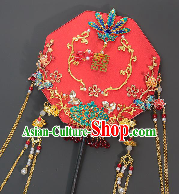 China Classical Dance Blueing Phoenix Fan Handmade Wedding Palace Fan Traditional Bride Red Octagon Fan
