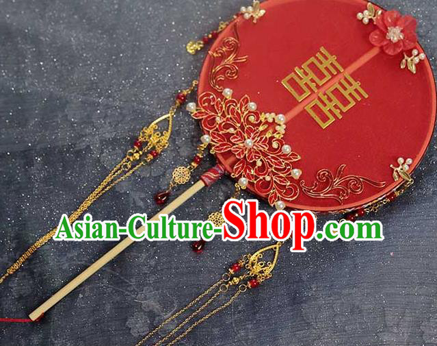 China Traditional Bride Red Silk Fan Classical Dance Enamel Red Flower Circular Fan Handmade Wedding Palace Fan