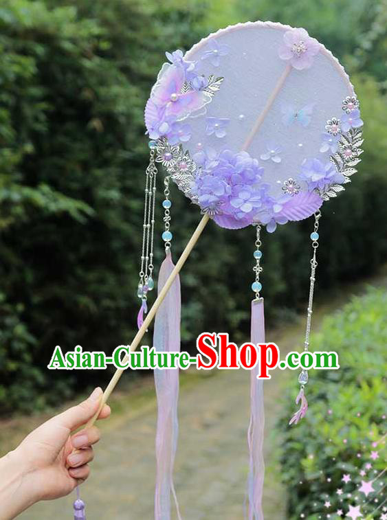 China Traditional Bride Lilac Silk Fan Classical Dance Circular Fan Handmade Wedding Purple Flowers Butterfly Palace Fan