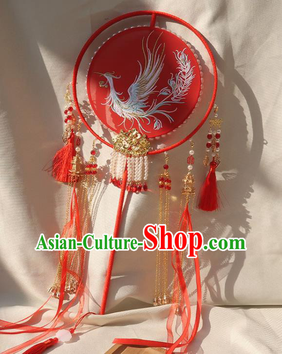 China Traditional Bride Embroidered Phoenix Silk Fan Classical Dance Circular Fan Handmade Wedding Beads Tassel Palace Fan