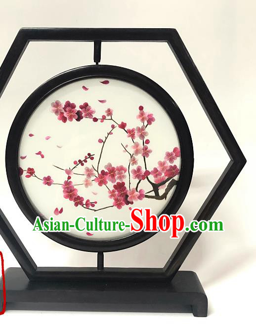 China Handmade Ornament Wenge Embroidered Table Screen Traditional Embroidery Plum Blossom Craft