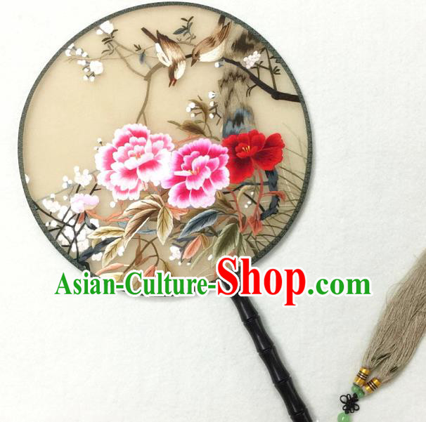 China Handmade Embroidered Peony Silk Fan Traditional Hanfu Circular Fan Palace Fan