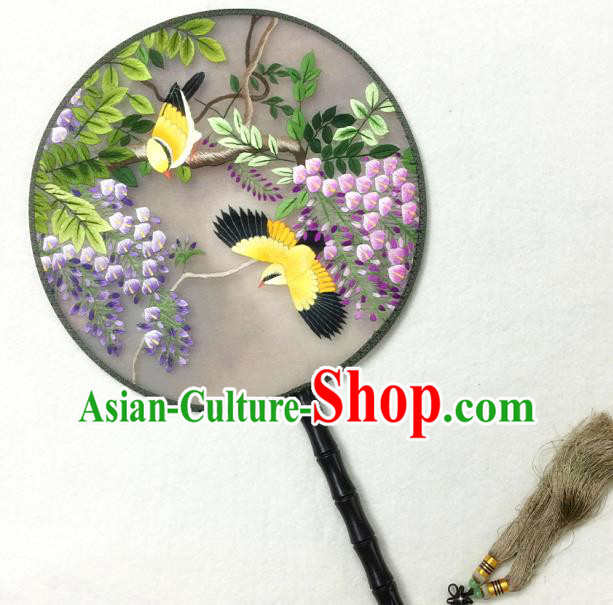 China Handmade Embroidered Wisteria Birds Palace Fan Traditional Hanfu Circular Fan Silk Fan