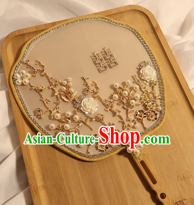 China Handmade Bride Shell Rose Palace Fan Classical Dance Fan Traditional Wedding Fan