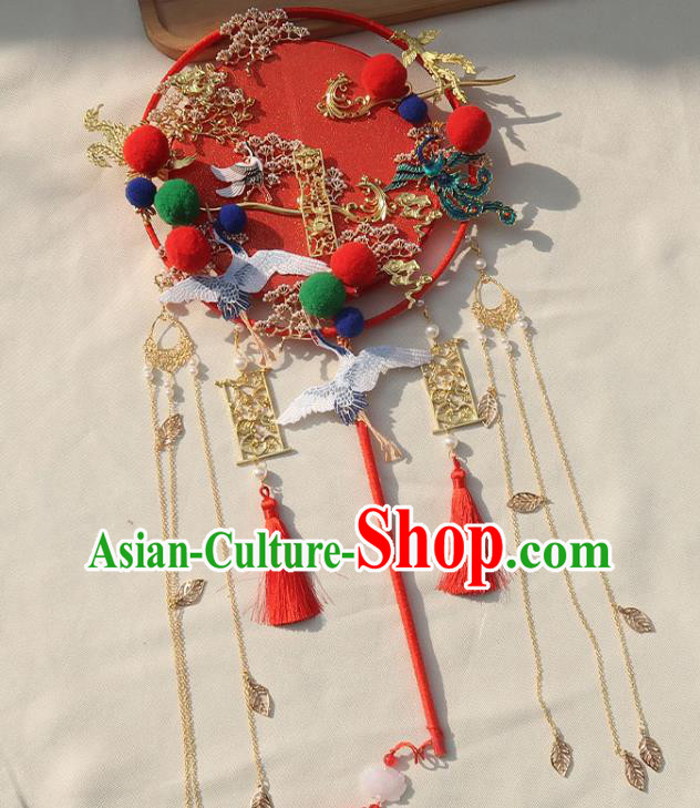 China Classical Dance Red Silk Fan Traditional Wedding Embroidered Crane Circular Fan Handmade Bride Golden Tassel Palace Fan