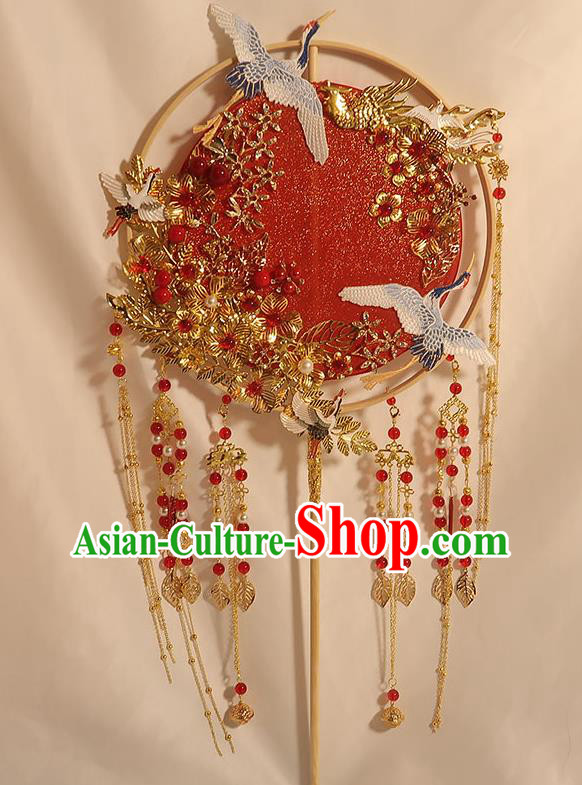 China Handmade Bride Red Beads Tassel Palace Fan Classical Dance Silk Fan Traditional Wedding Embroidered Crane Circular Fan