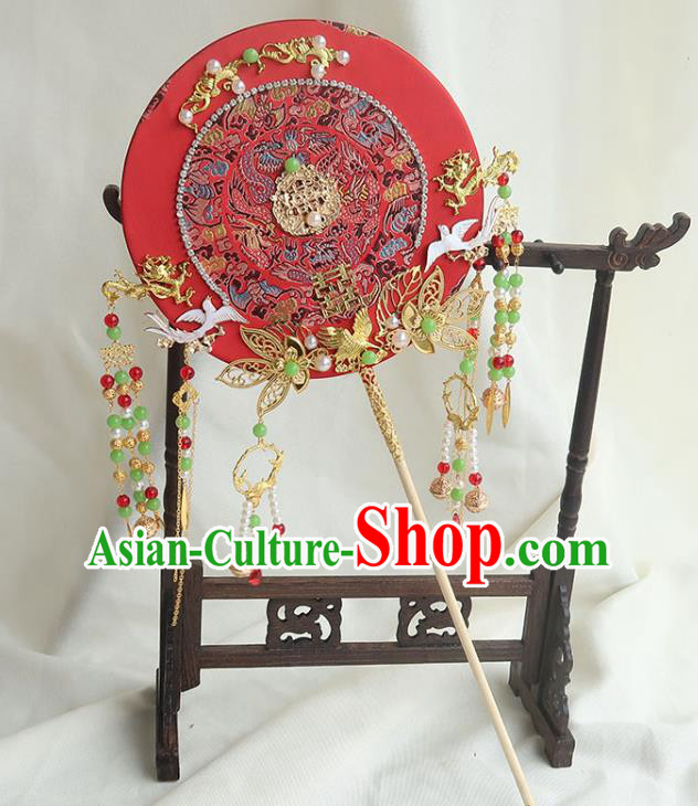 China Bride Beads Tassel Palace Fan Traditional Wedding Embroidered Red Circular Fan Handmade Hanfu Fan