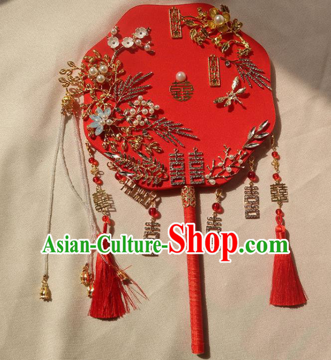 China Ancient Princess Crystal Flowers Fan Handmade Hanfu Red Silk Fan Traditional Wedding Palace Fan