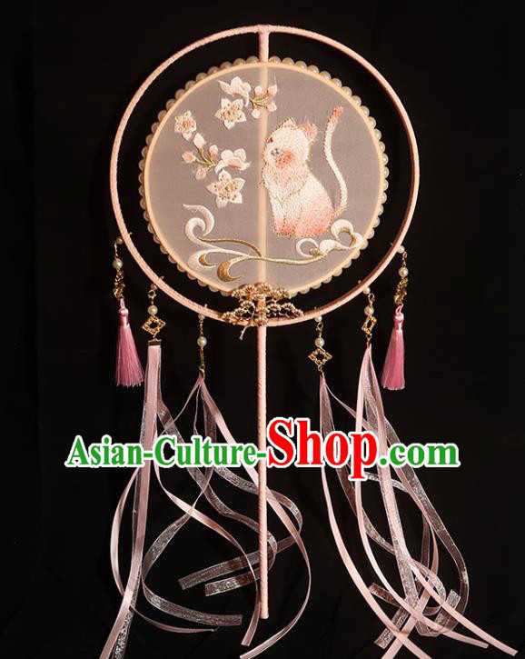 China Traditional Wedding Pink Silk Fan Classical Dance Embroidered Cat Circular Fan Handmade Bride Ribbon Tassel Palace Fan