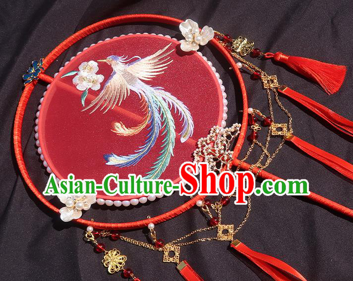 China Handmade Hanfu Red Silk Fan Classical Embroidered Phoenix Circular Fan Traditional Wedding Bride Palace Fan