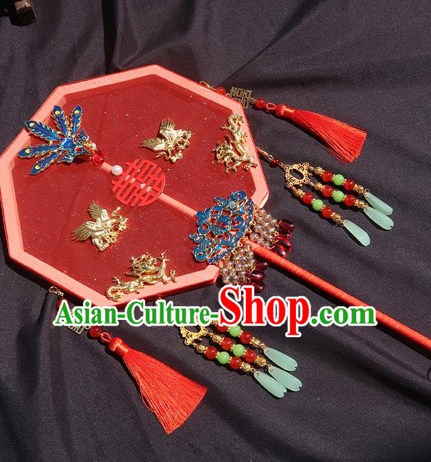 China Handmade Blueing Phoenix Palace Fan Classical Octagon Fan Traditional Wedding Red Silk Hanfu Fan