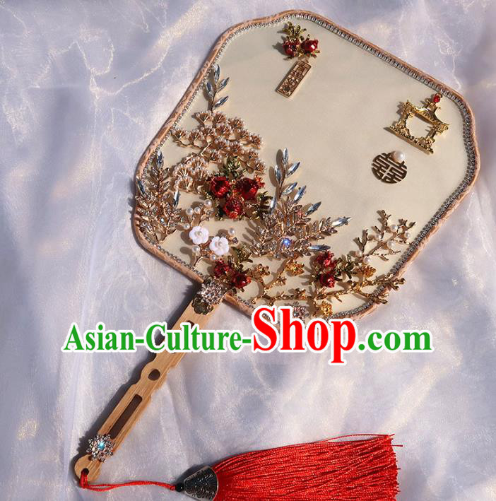 China Handmade Red Pomegranate Palace Fan Classical Hanfu Fan Traditional Wedding Silk Fan