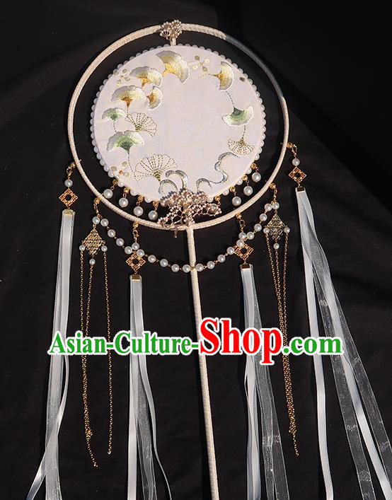 China Handmade Embroidered Ginkgo Palace Fan Classical Hanfu Fan Traditional Wedding White Silk Ribbon Fan