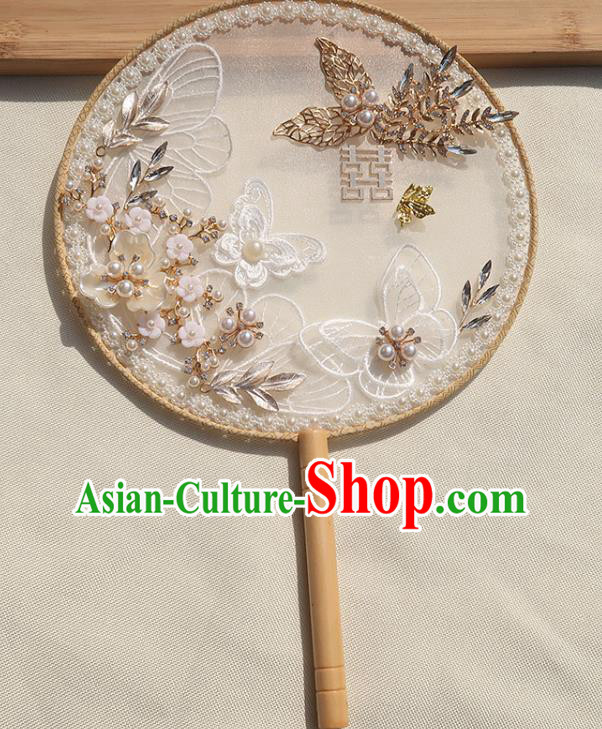 China Traditional Wedding Pearls Fan Classical Dance Silk Fan Handmade Bride Lace Butterfly Palace Fan
