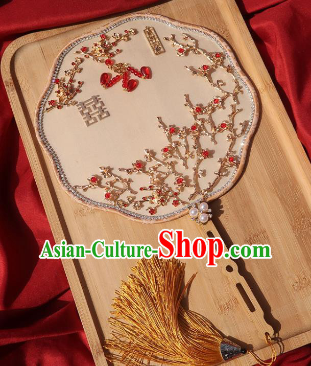 China Traditional Wedding Red Beads Plum Blossom Circular Fan Classical Dance Silk Fan Handmade Bride Palace Fan