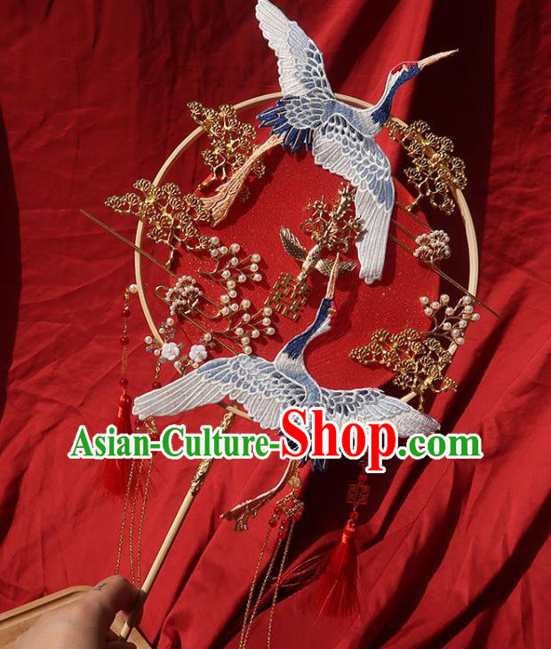 China Handmade Bride Hollowed Palace Fan Classical Dance Fan Traditional Wedding Embroidered Cranes Circular Fan