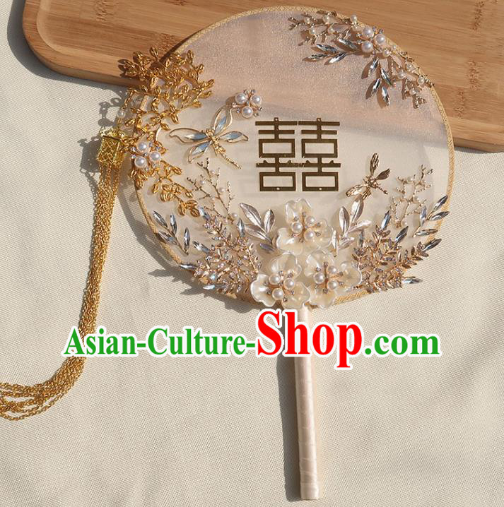 China Traditional Wedding Circular Fan Classical Dance White Silk Fan Handmade Bride Shell Flowers Palace Fan
