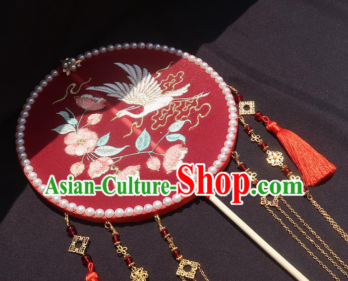 China Traditional Hanfu Embroidered Circular Fan Classical Wedding Fan Handmade Golden Tassel Palace Fan
