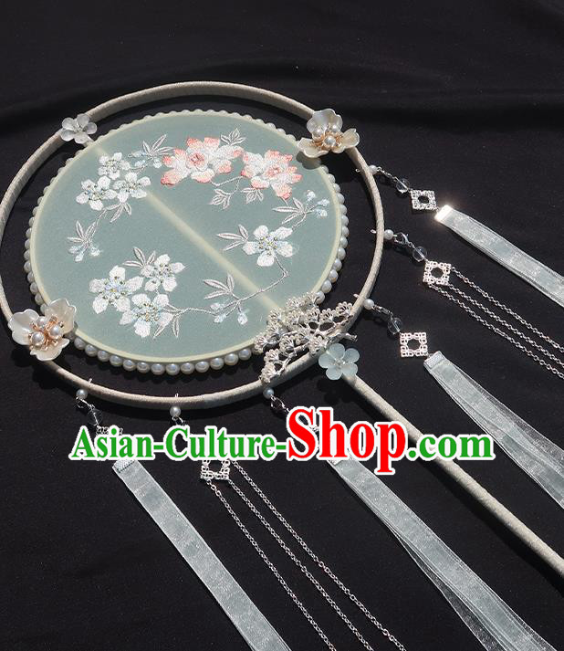 China Classical Wedding Fan Handmade Ribbon Tassel Palace Fan Traditional Hanfu Embroidered Circular Fan