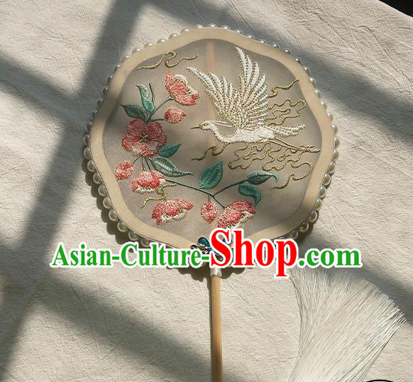 China Handmade Embroidered Peach Blossom Crane Palace Fan Traditional Hanfu Fan Classical Wedding Silk Fan