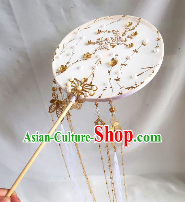 China Handmade Golden Butterfly Palace Fan Traditional Hanfu Circular Fan Classical Princess White Ribbon Wedding Fan