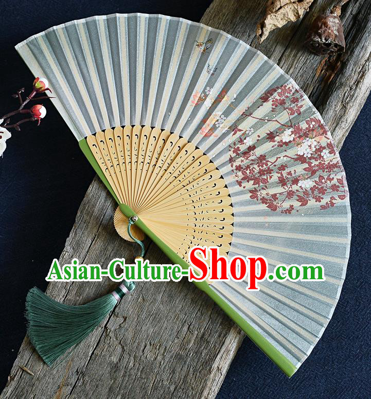 Handmade Chinese Green Bamboo Accordion Fan Blue Silk Fans Printing Folding Fan