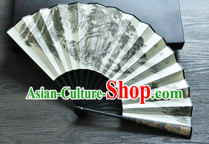 Handmade Chinese Ink Painting Folding Fan Silk Fan Carving Bamboo Fan Accordion