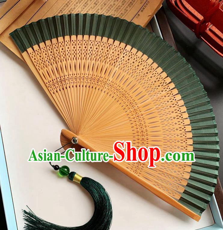 Chinese Classical Deep Green Silk Accordion Carving Bamboo Folding Fan Handmade Fan