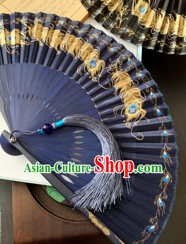 Chinese Printing Peacock Feather Folding Fan Handmade Bamboo Fan Classical Blue Silk Accordion Fans