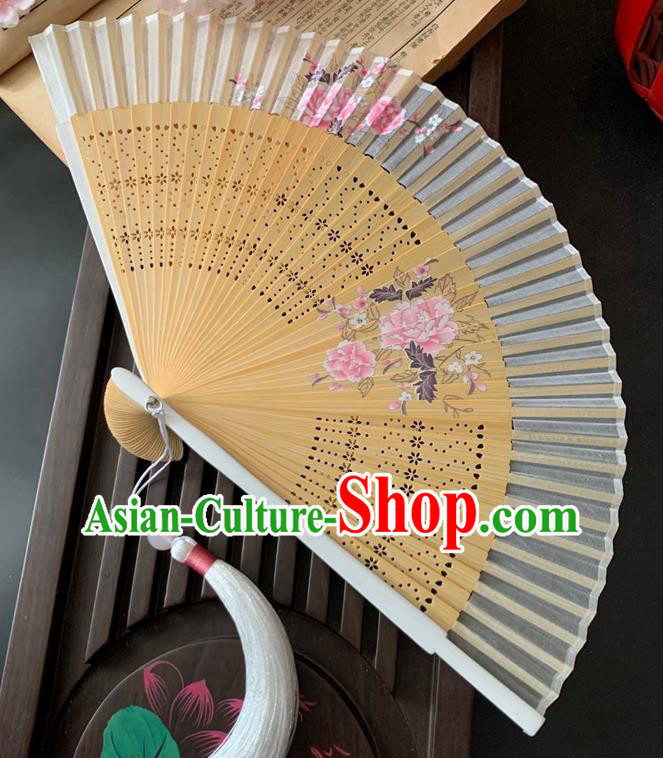 Chinese Handmade Printing Peony Folding Fan Bamboo Fan Classical Dance Accordion