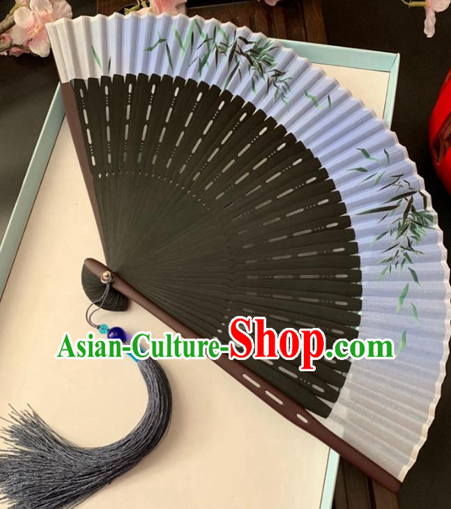 Chinese Printing Bamboo Leaf Folding Fan Handmade Hollowed Fan Classical Dance Silk Accordion