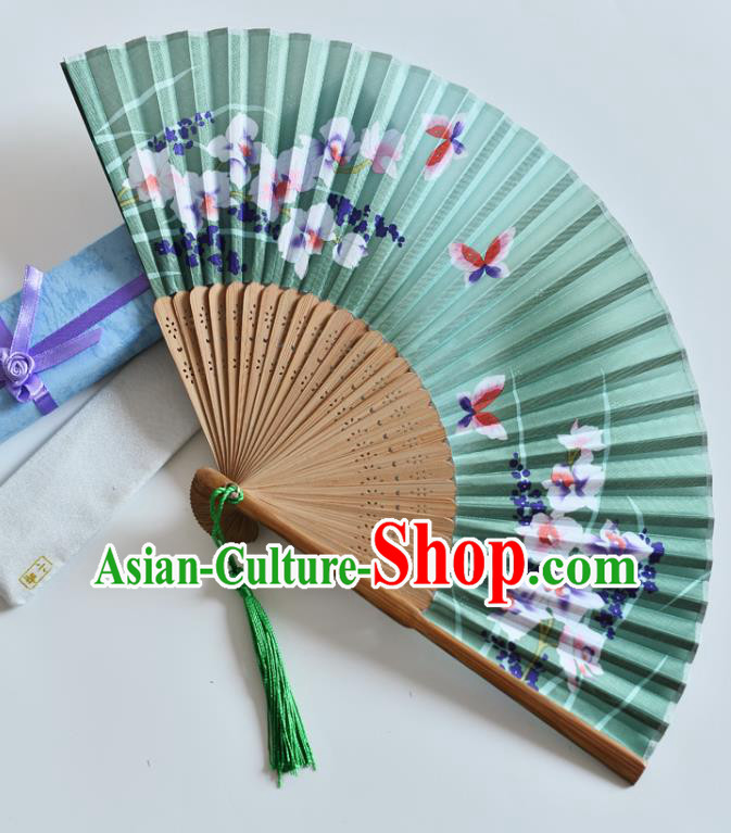 Handmade Chinese Green Silk Fans Printing Phalaenopsis Butterfly Folding Fan Accordion