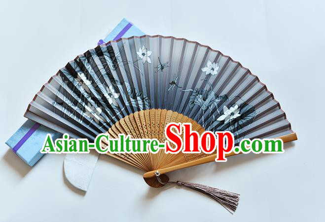 Handmade Chinese Printing Lotus Dragonfly Folding Fan Grey Silk Fans Classical Dance Accordion