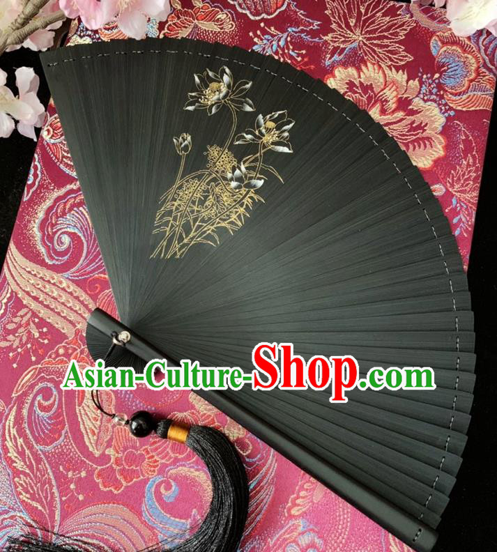 Chinese Classical Dance Accordion Printing Lotus Folding Fan Handmade Black Bamboo Fan