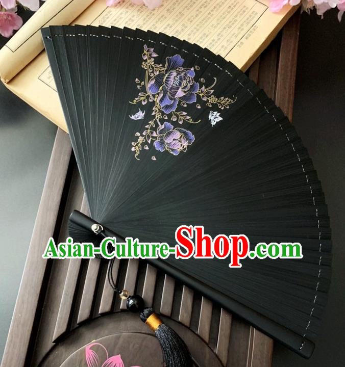 Chinese Printing Purple Peony Folding Fan Handmade Black Bamboo Fan Classical Dance Accordion