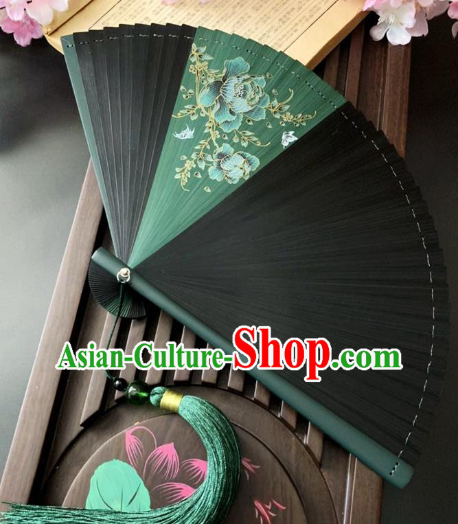 Chinese Printing Green Peony Folding Fan Classical Dance Accordion Handmade Black Bamboo Fan
