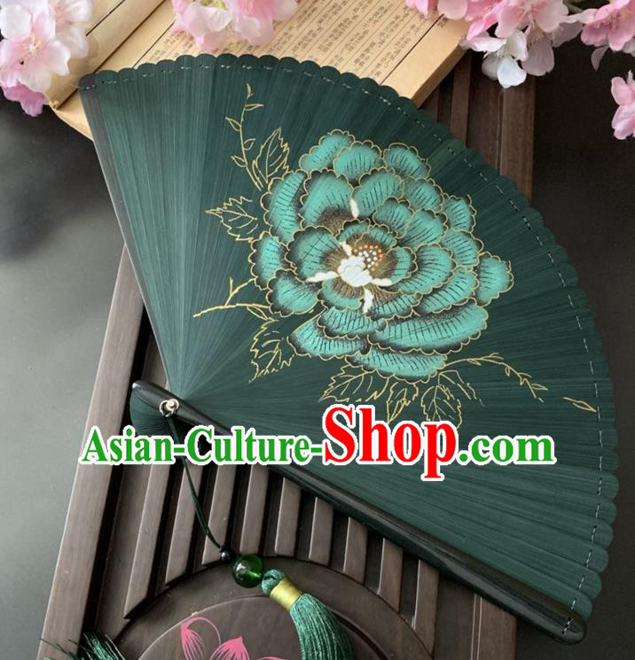Chinese Classical Dance Accordion Handmade Green Bamboo Fan Printing Peony Folding Fan