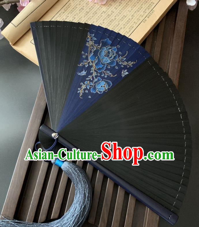 Chinese Craft Classical Dance Accordion Handmade Bamboo Fan Printing Blue Peony Folding Fan