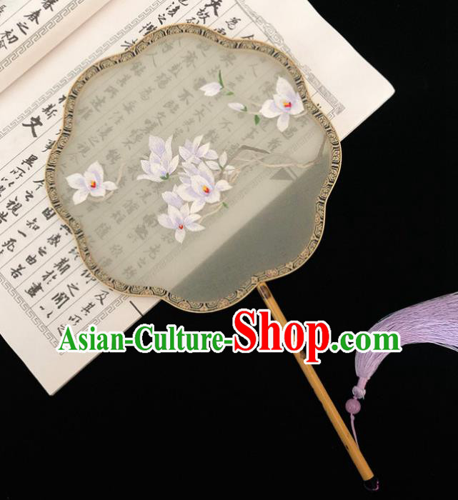 China Handmade Embroidered Mangnolia Palace Fan Traditional Hanfu Fan Silk Fan Classical Dance Fan
