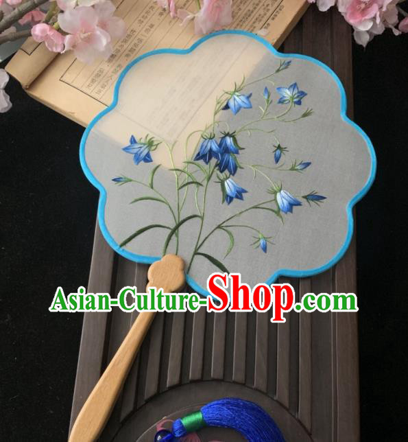 China Ancient Princess Palace Fan Handmade Traditional Hanfu Silk Fan Classical Embroidered Blue Flowers Fan