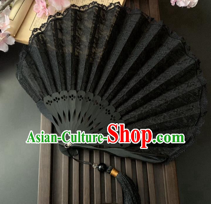 Japan Handmade Bamboo Fan Classical Dance Black Lace Accordion Scallop Folding Fan