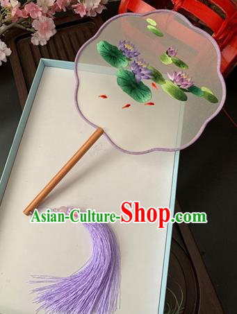 China Traditional Double Side Embroidered Purple Lotus Palace Fan Handmade Fan Classical Dance Silk Fan